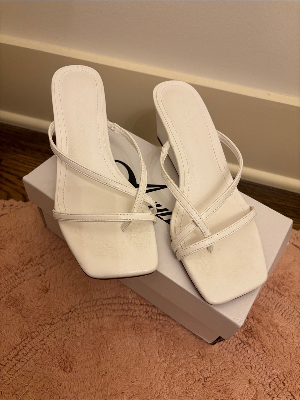 White Strappy Square-Toe Slide Heels